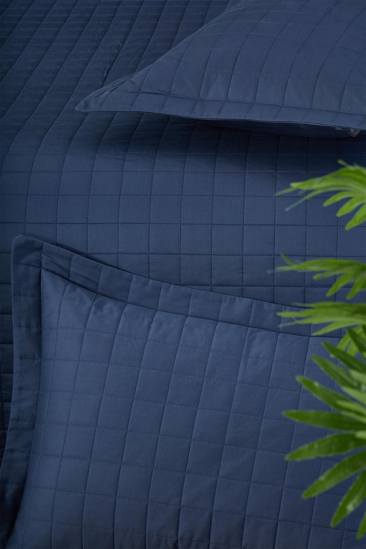Navy blue quilted double bedspread and pillowcase set with a modern square pattern