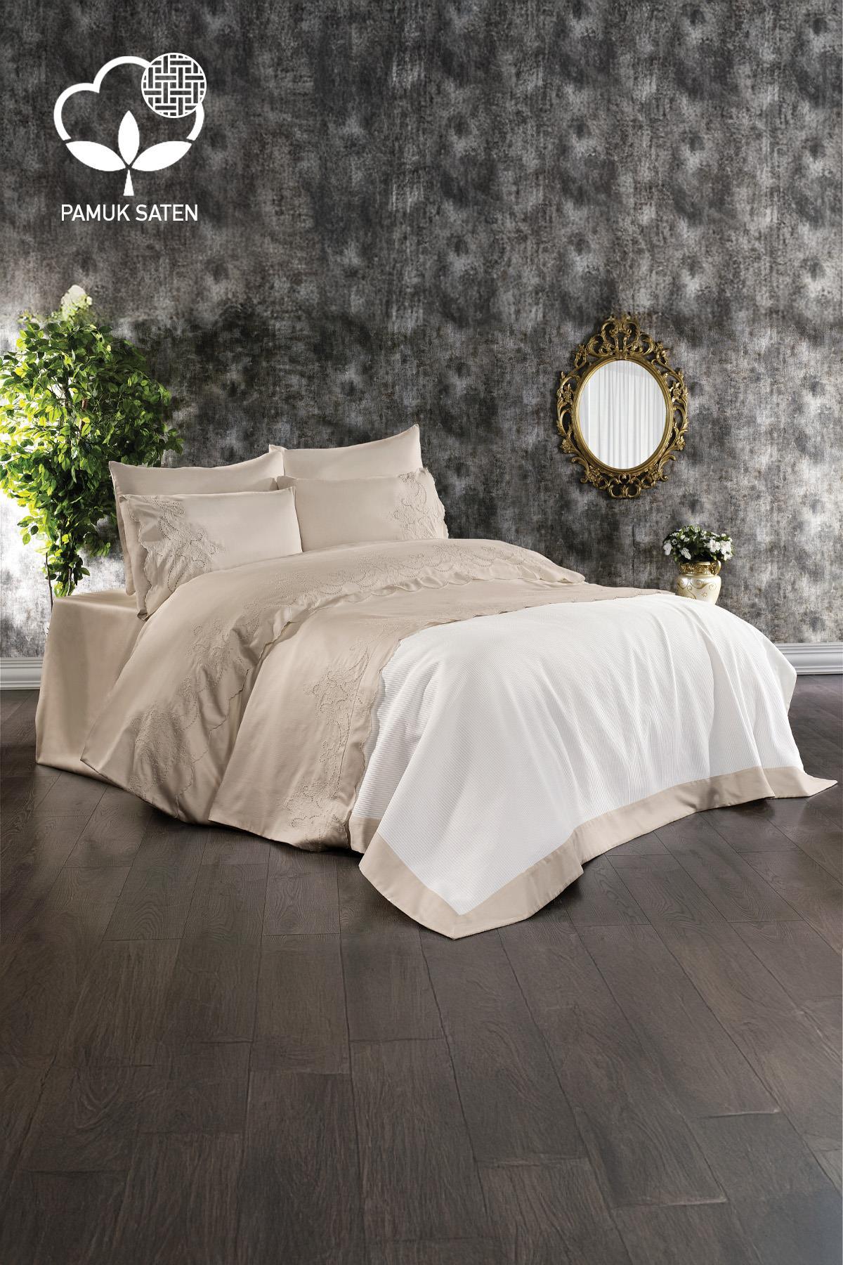 طقم غطاء لحاف ومفرش صيفي 7 قطع بتطريز هانيدان مقاس سوبر كينج - Nazik Home - قيمة لمنزلي!