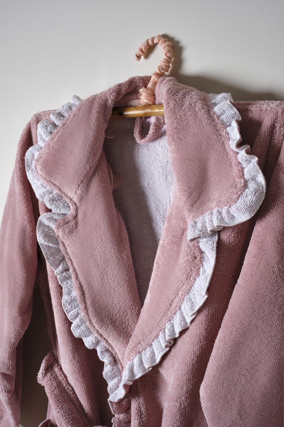 Powder-colored cotton women's bathrobe set with lace trim on a hanger