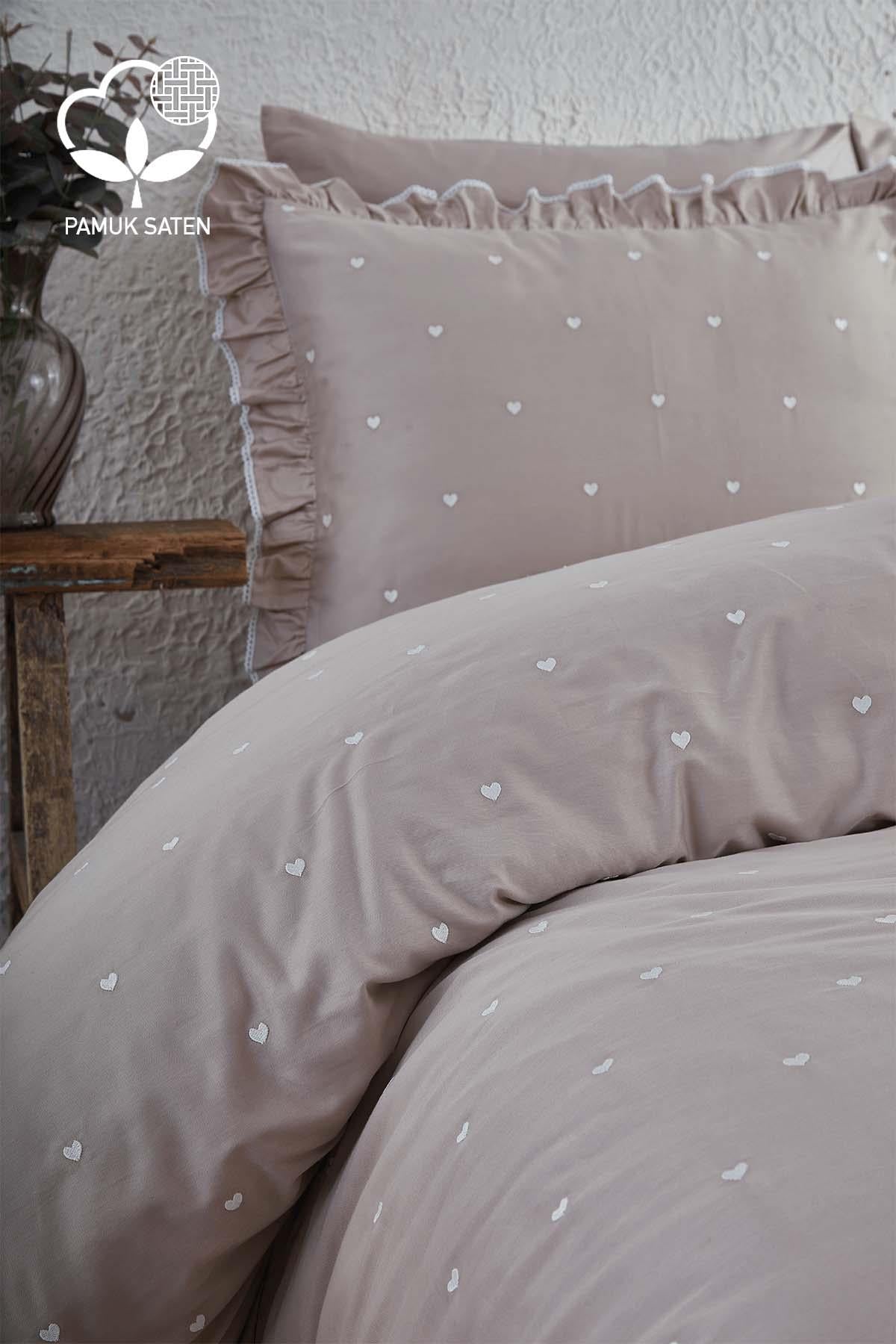 Amore Heart Embroidered Cotton Satin Super King Size 6 Piece Duvet Cover Set