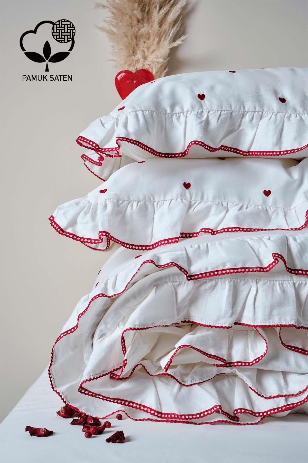 Amore Heart Embroidered Cotton Satin Super King Size 6 Piece Duvet Cover Set