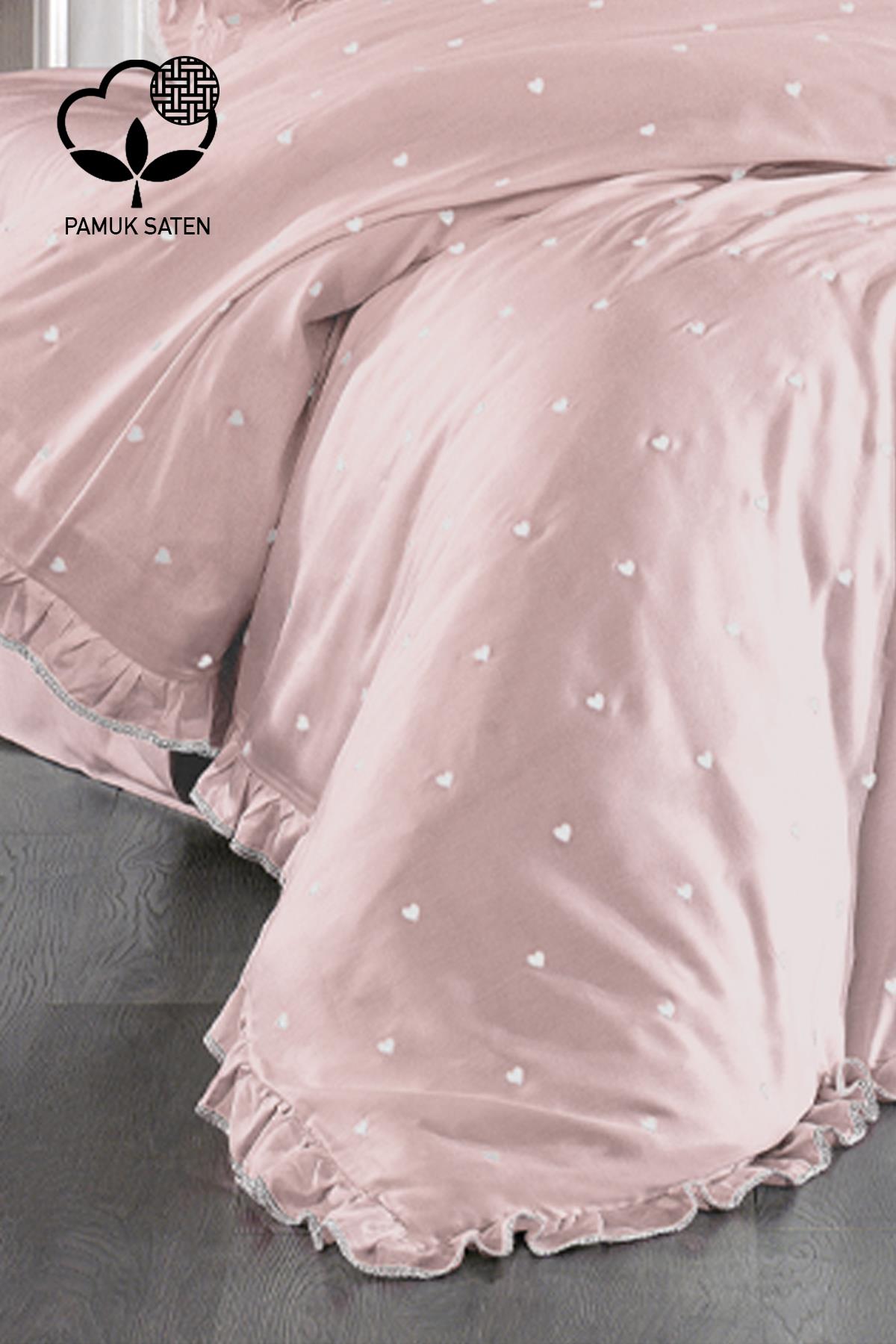 Amore Heart Embroidered Cotton Satin Super King Size 6 Piece Duvet Cover Set