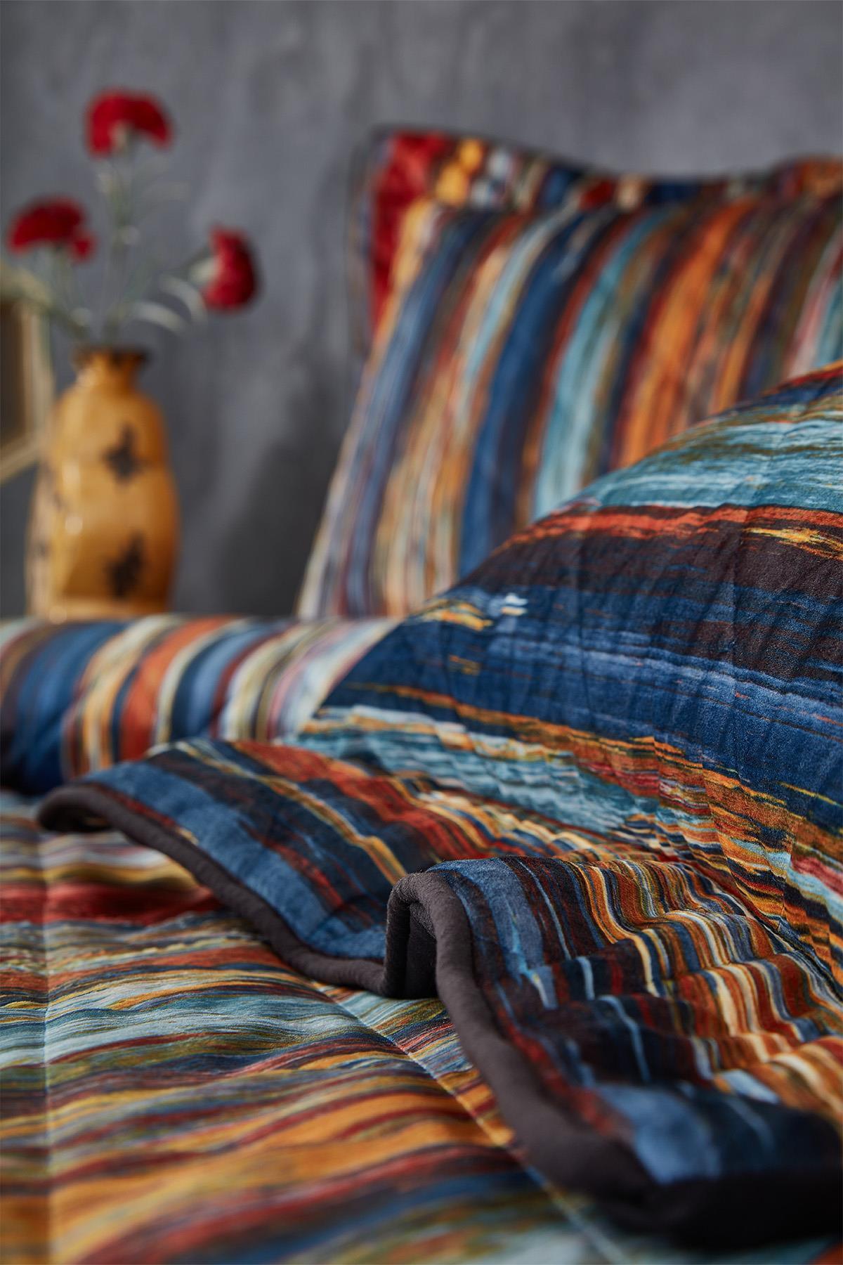 Colorful striped double bedspread, modern and stylish bedroom decor
