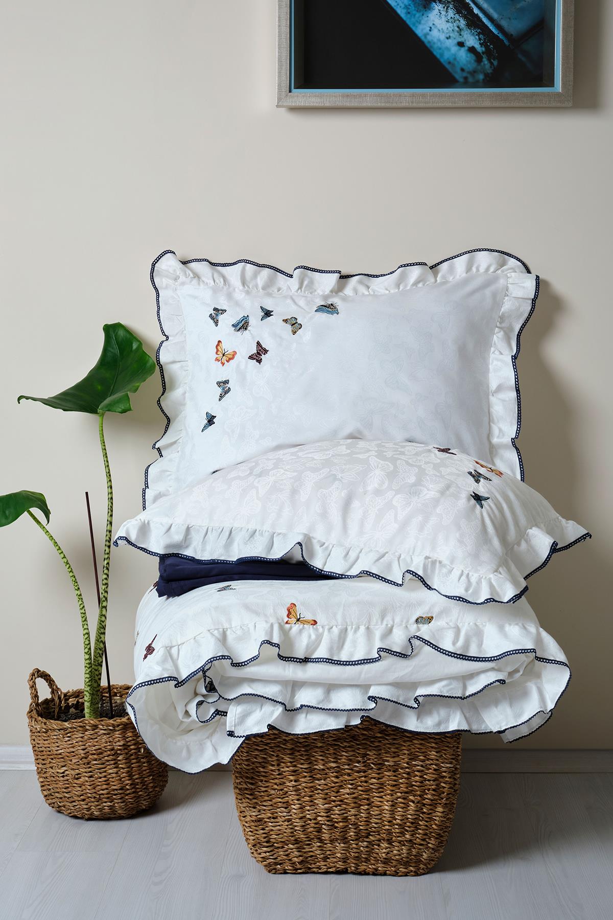 Laura Butterfly Embroidered Cotton Satin Super King Size Duvet Cover Set