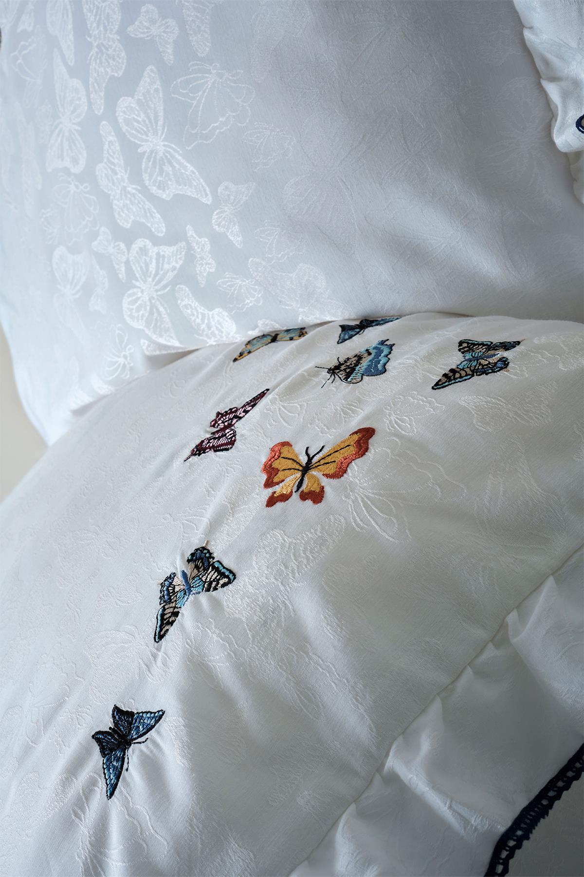 Laura Butterfly Embroidered Cotton Satin Super King Size Duvet Cover Set