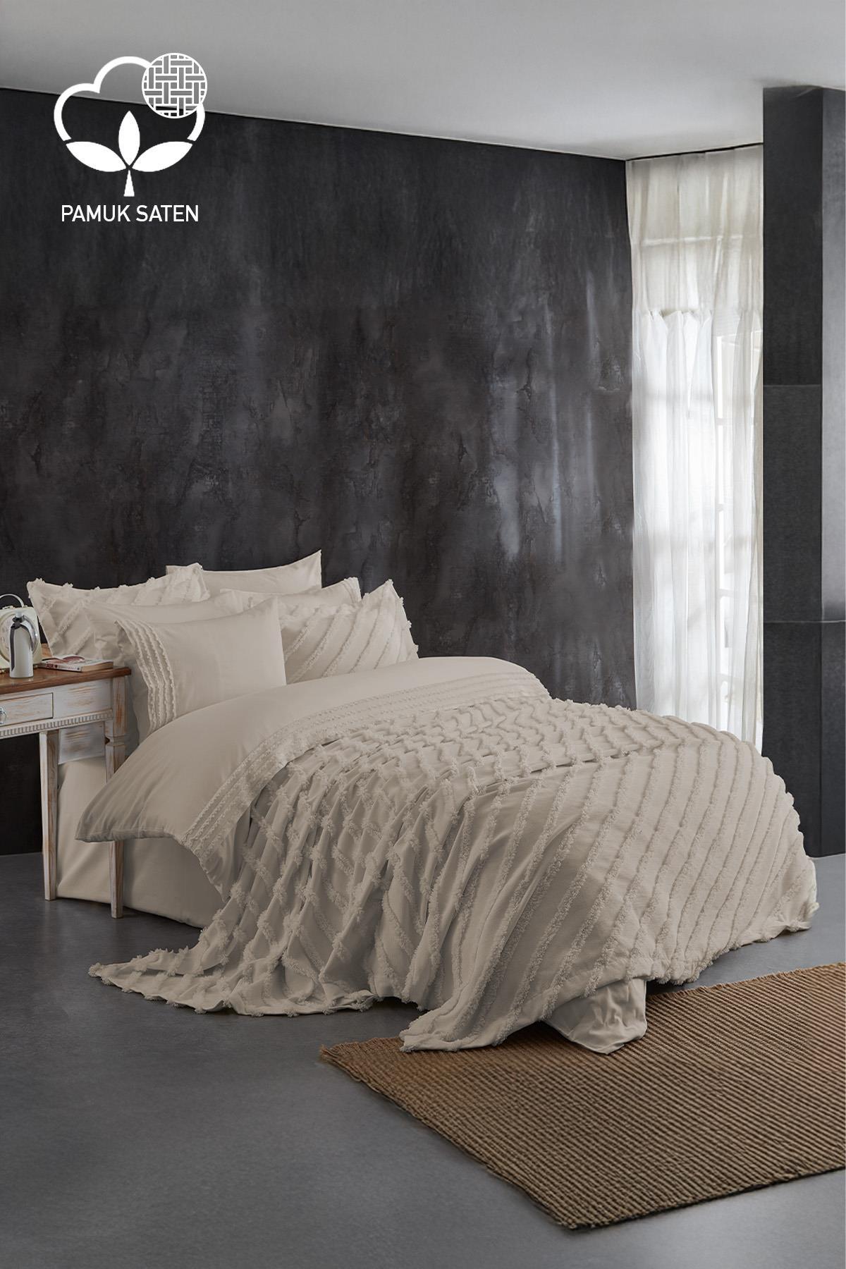Beige cotton sateen double duvet cover and bedspread set in the bedroom