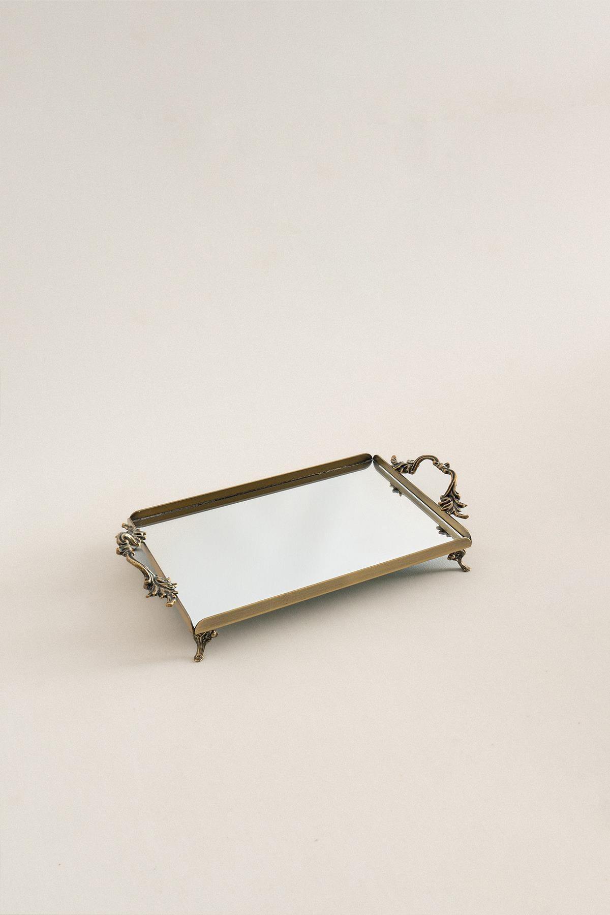 Small rectangular serving tray with an antique finish and elegant metal handles