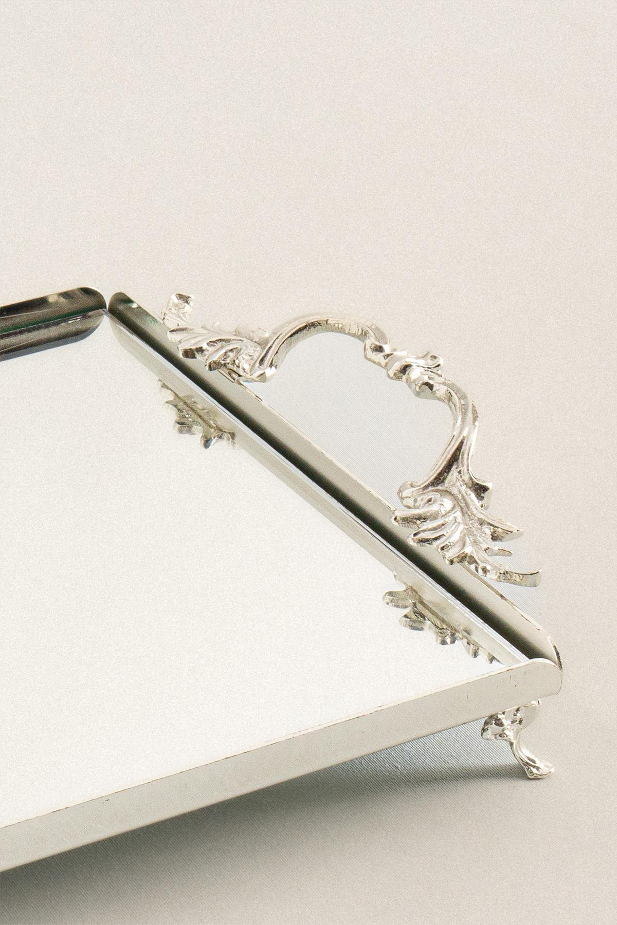 Elegant silver rectangular decorative tray with handles and a mirrored surface