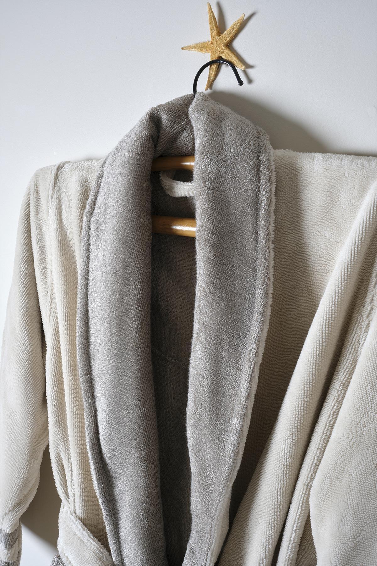 Gray collared, 100% cotton men's bathrobe set hanging on a hanger