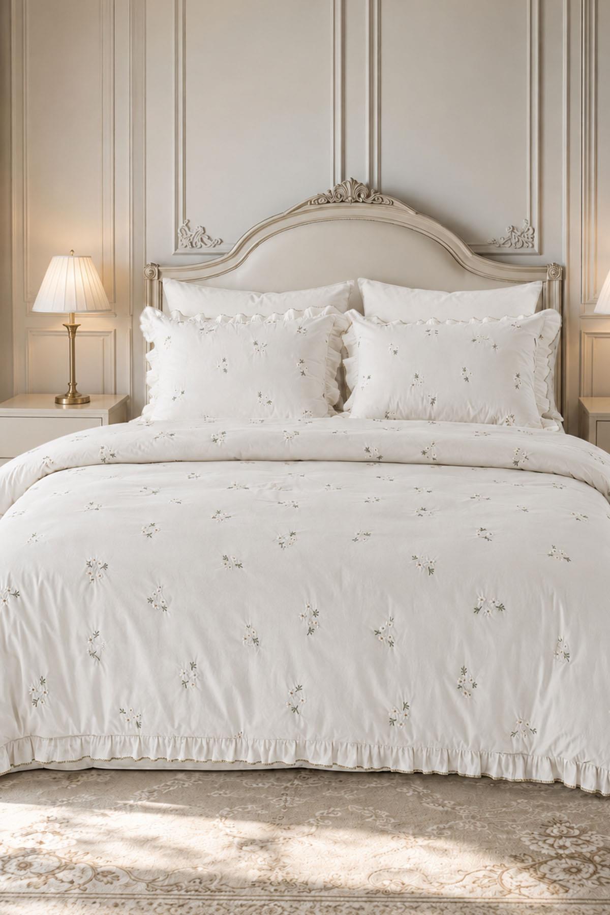 Nadia Daisy Embroidered Cotton Satin Super King Size 6-Piece Duvet Cover Set