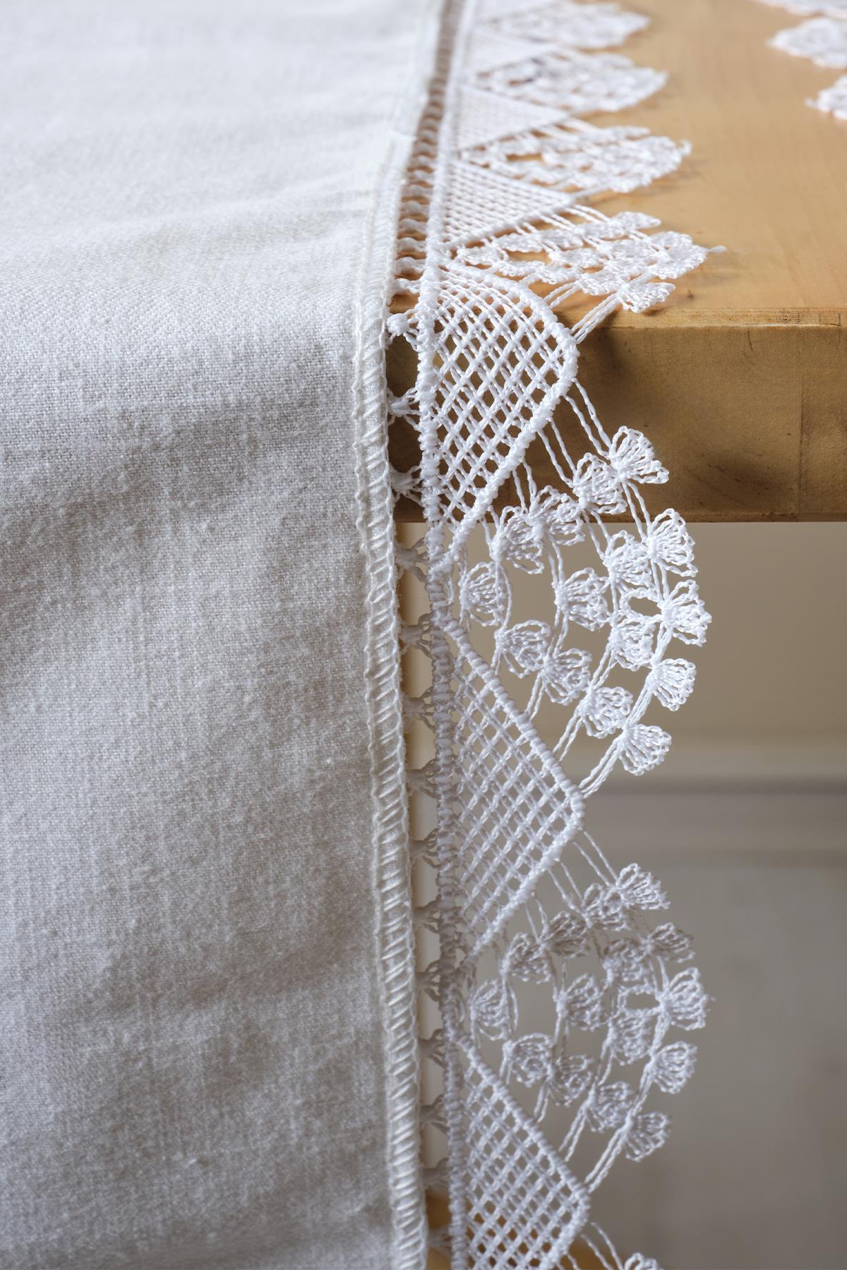 White lace table runner on a table, elegant and decorative tablecloth detail